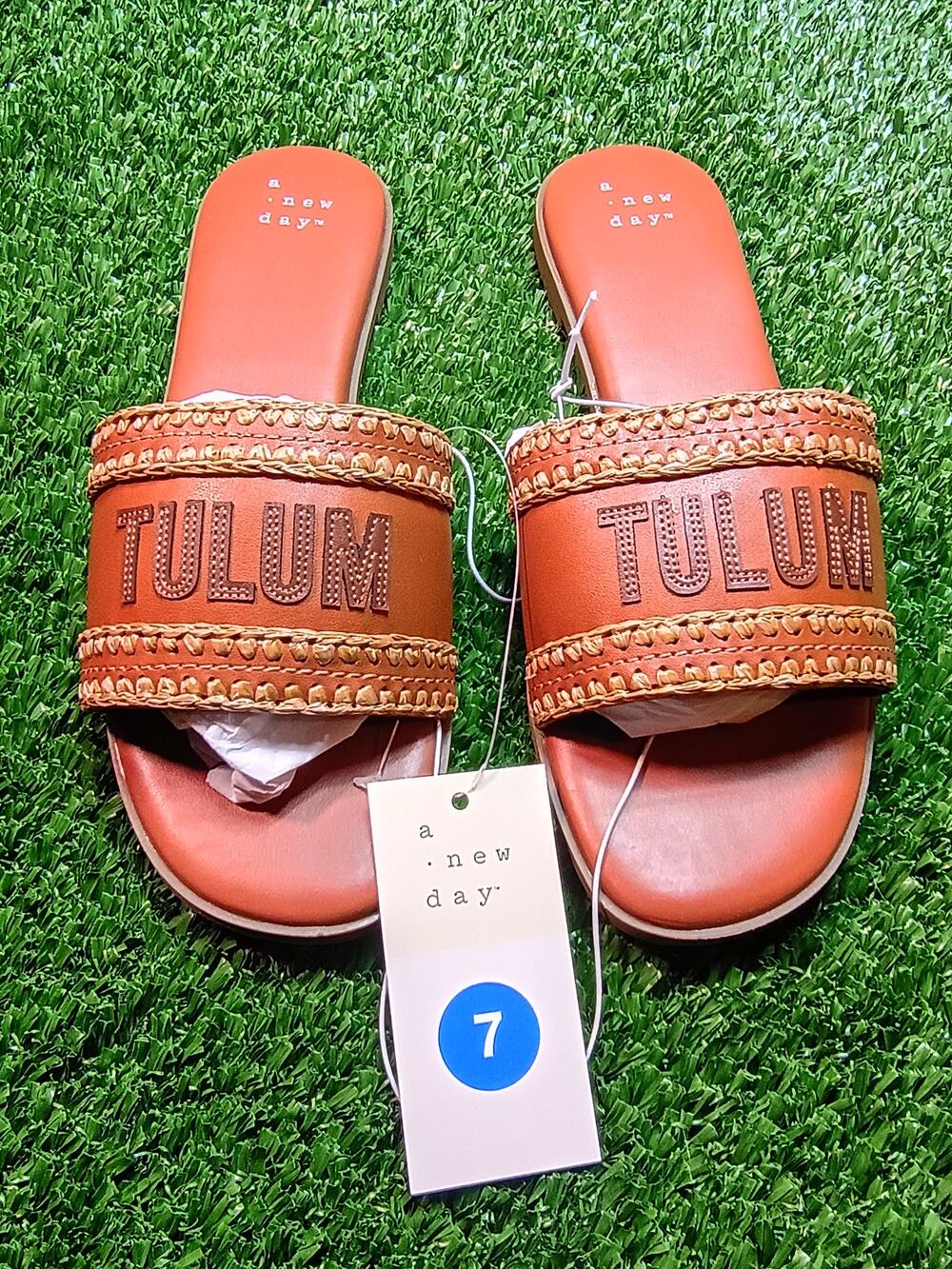 A New Day Women's Brown Tulum Embroidered Flat Slide Sandals 7 NWT